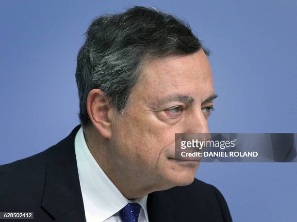 Mario Draghi, President of the European Central Bank adresses the media during a press conference following the meeting of the Governing Council in...