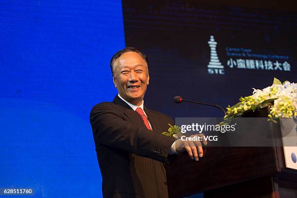 Terry Gou Tai-ming, founder and chairman of Taiwan's Foxconn Technology, speaks during the Canton Tower Science & Technology Conference Guangzhou at...