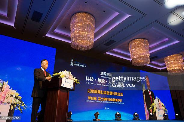 Terry Gou Tai-ming, founder and chairman of Taiwan's Foxconn Technology, speaks during the Canton Tower Science & Technology Conference Guangzhou at...