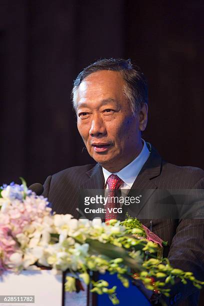 Terry Gou Tai-ming, founder and chairman of Taiwan's Foxconn Technology, speaks during the Canton Tower Science & Technology Conference Guangzhou at...