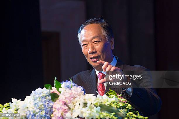 Terry Gou Tai-ming, founder and chairman of Taiwan's Foxconn Technology, speaks during the Canton Tower Science & Technology Conference Guangzhou at...