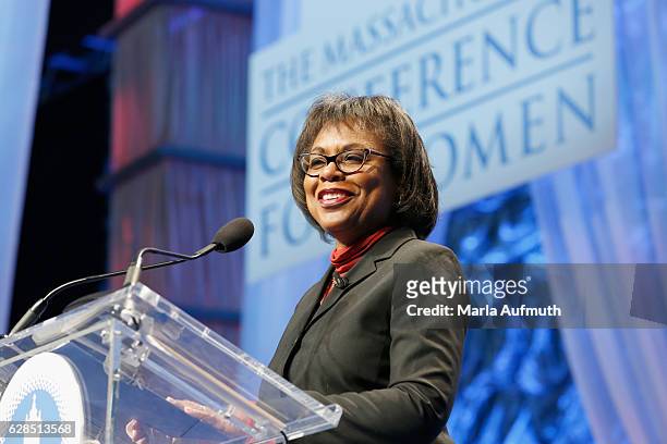 Attorney and professor Anita Hill speaks onstage during the Massachusetts Conference for Women at Boston Convention & Exhibition Center on December...