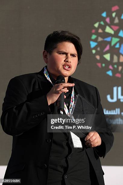 Julian Dennison speaks at the award ceremony during the Ajyal Youth Film Festival on December 5, 2016 in Doha, Qatar.