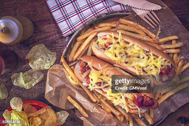 arizona style hot dog with bacon, chili beans and cheese - relish stock pictures, royalty-free photos & images
