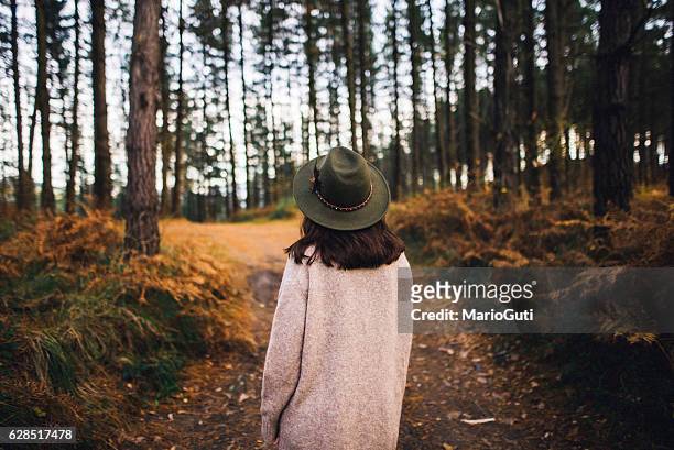 giovane donna con cappello nella foresta - capelli castani foto e immagini stock