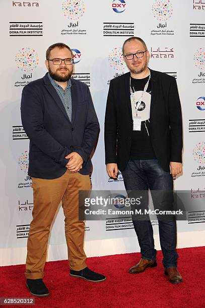 Ziga Virc and Bostjan Virc attend the closing ceremony and screening of 'The Red Turtle' during the Ajyal Youth Film Festival on December 5, 2016 in...