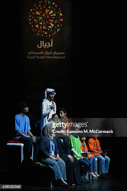 Members of the jury are seen on stage of the closing ceremony and screening of 'The Red Turtle' during the Ajyal Youth Film Festival on December 5,...