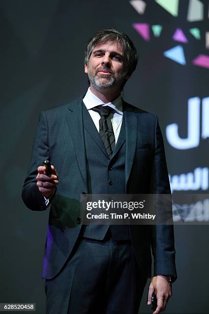 Laurent Perez speaks on stage of the closing ceremony and screening of 'The Red Turtle' during the Ajyal Youth Film Festival on December 5, 2016 in...
