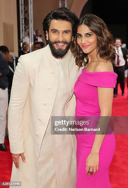 Ranveer Singh and Vaani Kapoor attend the Befikre red carpet during day two of the 13th annual Dubai International Film Festival held at the Madinat...