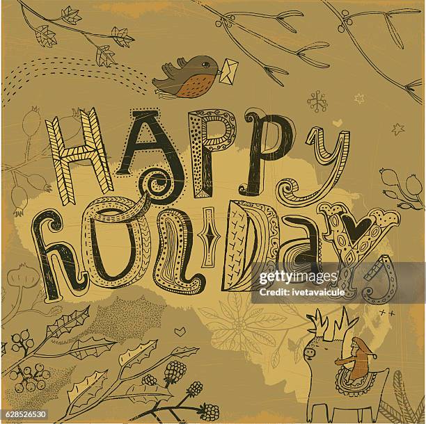 ilustraciones, imágenes clip art, dibujos animados e iconos de stock de diseño de happy holidays con acebo, petirrojo, papá noel y renos - letra a con flores vector a