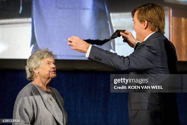 British writer Antonia Susan Byatt also known as A. S Byatt receives the "Erasmusprijs 2016" from Dutch King Willem-Alexander at the Royal Palace in...