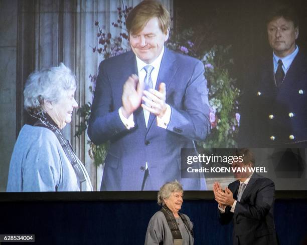 British writer Antonia Susan Byatt also known as A. S Byatt receives the "Erasmusprijs 2016" from Dutch King Willem-Alexander at the Royal Palace in...