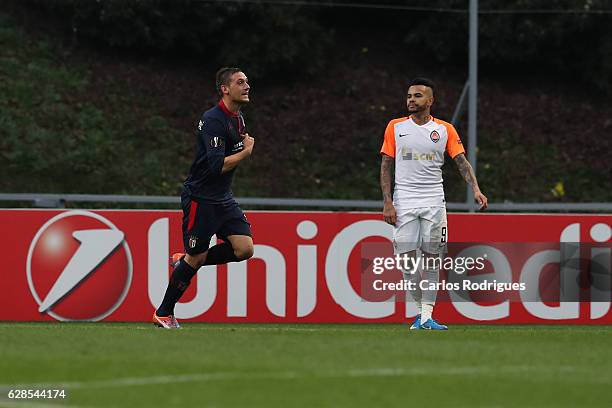 Braga's midfielder Nikola Stojiljkovic from Serbia celebrates scoring their first goal during the UEFA Europe League match between SC Braga v FC...