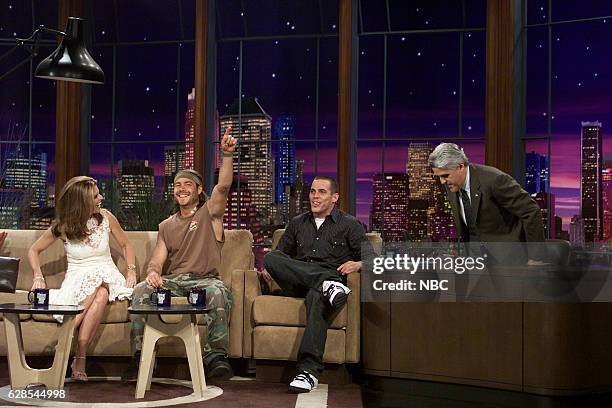 Episode 2716 -- Pictured: Journalist Maria Shriver and reality television stars Chris Pontius and Steve-O during an interview with host Jay Leno on...