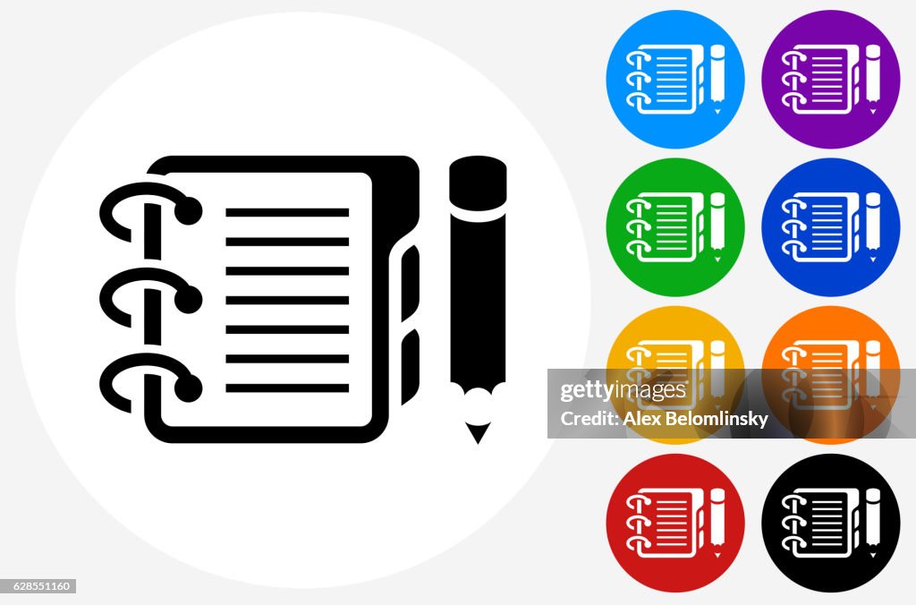 Binder and Pencil Icon on Flat Color Circle Buttons