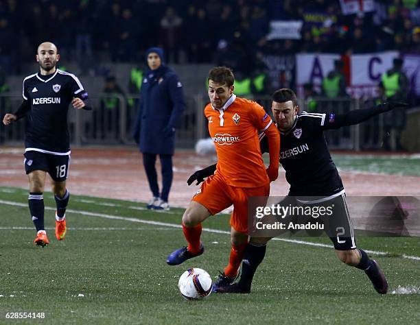 Gara Garayev of Qarabag FK in action against Sebastian Cristoforo of ACF Fiorentina during the UEFA Europa League football match between Qarabag and...