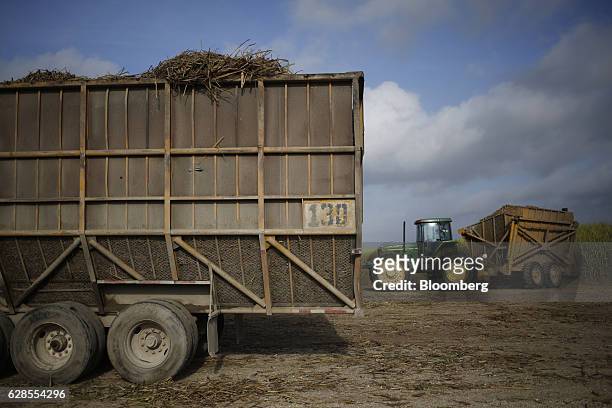 Deere & Co. Tractor carries a bin of sugarcane at Landry Farms on Madewood Plantation in Napoleonville, Louisiana, U.S., on Tuesday, Nov. 29, 2016....