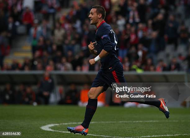 Braga's midfielder Nikola Stojiljkovic from Serbia celebrates after scoring a goal during the UEFA Europa League match between SC Braga and FC...