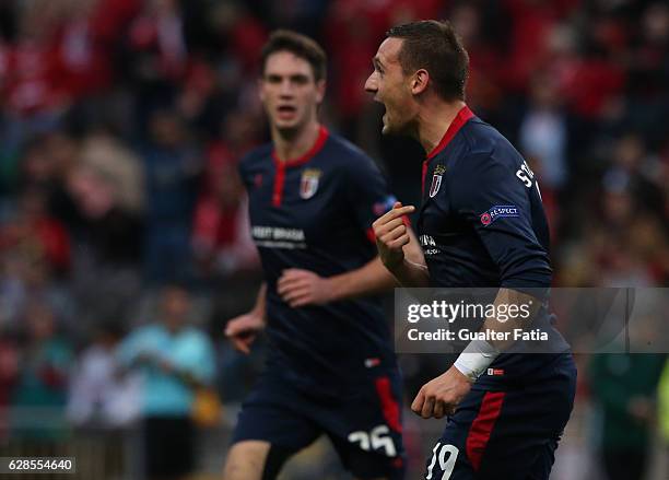 Braga's midfielder Nikola Stojiljkovic from Serbia celebrates after scoring a goal during the UEFA Europa League match between SC Braga and FC...