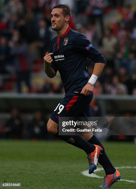 Braga's midfielder Nikola Stojiljkovic from Serbia celebrates after scoring a goal during the UEFA Europa League match between SC Braga and FC...