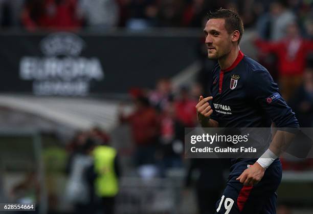 Braga's midfielder Nikola Stojiljkovic from Serbia celebrates after scoring a goal during the UEFA Europa League match between SC Braga and FC...