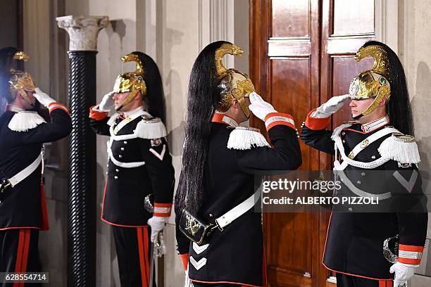 "Corazzieri", a cuirassier regiment part of the honor guard of the Italian presidency, stand guard during the first day of consultations of political...