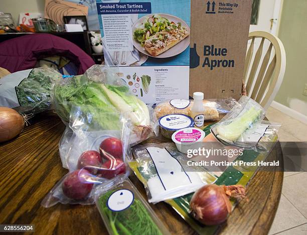 Emily Griffin uses the Blue Apron meal service. The ingredients and recipe page for Smoked Trout Tartines.