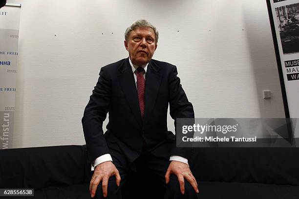 Russian politician and Economist Grigori Jawlinski arrives at the Mauermuseum am Checkpoint Charlie before his speech during the event organized by...