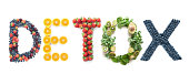 Detox word made from fruits and vegetables