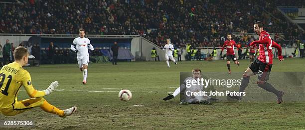 Henrikh Mkhitaryan of Manchester United scores their first goal during the UEFA Europa League match between FC Zorya Luhansk and Manchester United at...