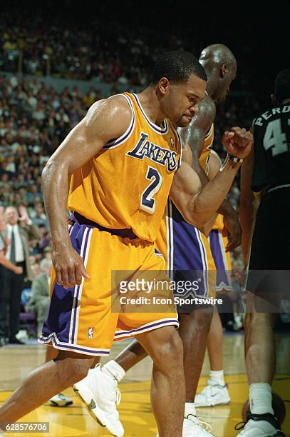 Derek Fisher of the Los Angeles Lakers during a National Basketball Association game against the San Antonio Spurs at the Great Western Forum in Los...