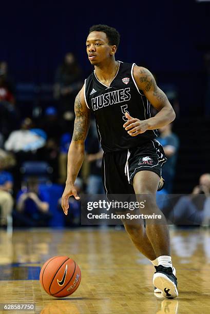 Northern Illinois Huskies Guard Justin Thomas brings the ball up the court during the game between the Northern Illinois Huskies and the Indiana...