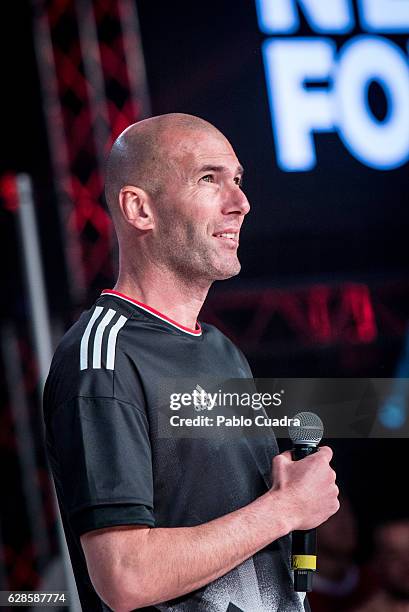 Real Madrid coach Zinedine Zidane presents the new ACE17 Red Limit Boots by Adidas on December 8, 2016 in Madrid, Spain.