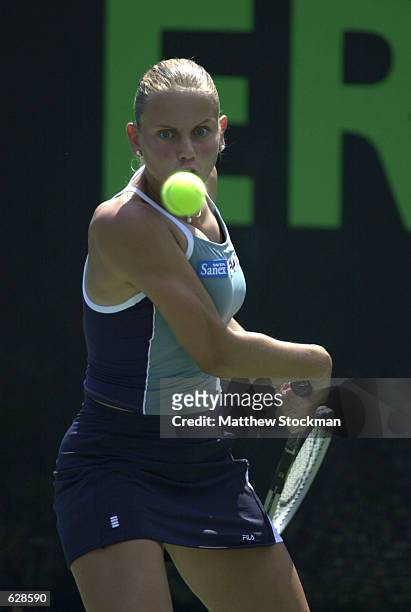 Jelena Dokic of Australia retruns a shot to Marta Marrero of Spain during the third round of the Ericsson Open at the Tennis Center at Crandon Park...