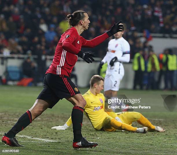 Zlatan Ibrahimovic of Manchester United celebrates scoring their second goal during the UEFA Europa League match between FC Zorya Luhansk and...