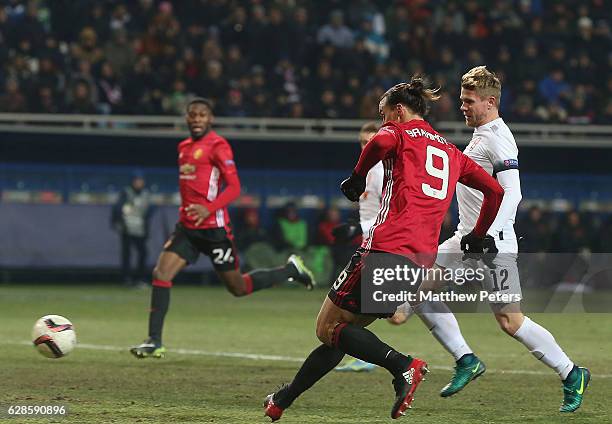 Zlatan Ibrahimovic of Manchester United scores their second goal during the UEFA Europa League match between FC Zorya Luhansk and Manchester United...