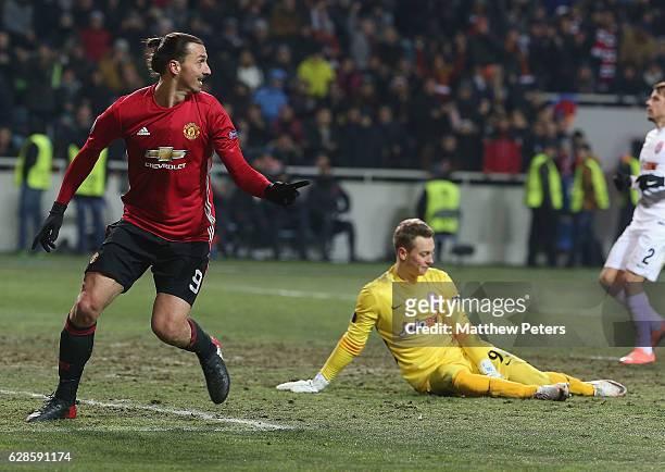 Zlatan Ibrahimovic of Manchester United celebrates scoring their second goal during the UEFA Europa League match between FC Zorya Luhansk and...