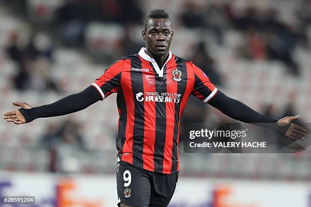 Nice's Italian forward Mario Balotelli reacts during the Europa League match between OGC Nice vs FC Krasnodar on December 8, 2016 at the Allianz...