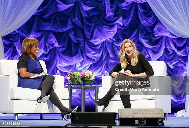 The Oprah Magazine editor-at-large Gayle King and Spanx founder Sara Blakely speak onstage during the Massachusetts Conference for Women at Boston...