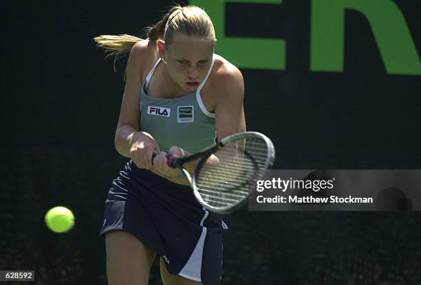 Jelena Dokic of Australia retruns a shot to Marta Marrero of Spain during the third round of the Ericsson Open at the Tennis Center at Crandon Park...