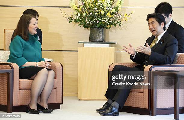 Japan - Visiting U.S. Rep. Diana DeGette talks with Japanese Prime Minister Shinzo Abe at the prime minister's office in Tokyo on Feb. 19, 2014....