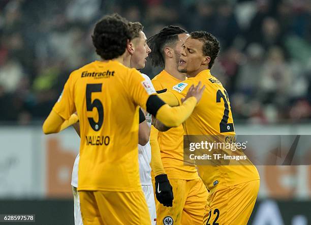 Dominik Kohr of Augsburg und Timothy Chandler of Frankfurt gestures during the Bundesliga match between FC Augsburg and Eintracht Frankfurt at WWK...