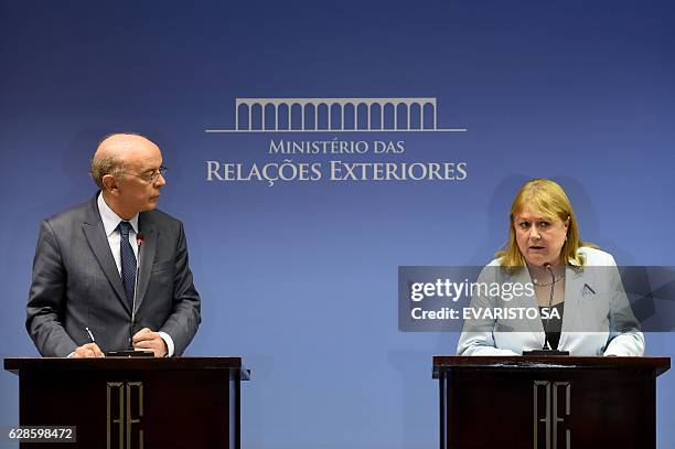 Argentina's Foreign Minister Susana Malcorra and her Brazilian counterpart Jose Serra, during a press conference at Itamaraty Palace in Brasilia on...