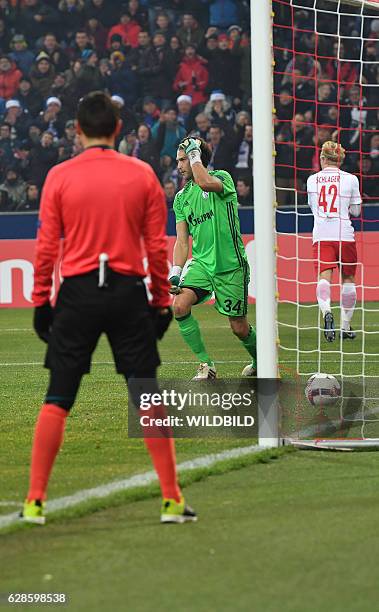 Schalke's goalkeeper Fabian Giefer reacts after conceding during the UEFA Europa League Group I football match between FC Salzburg and FC Schalke 04...