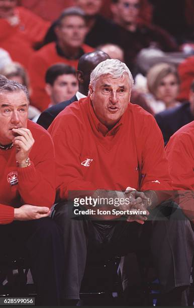 Head coach Bobby Knight of the Indiana Hoosiers on the bench during a Hoosiers game at Assembly Hall in Bloomington, IN.