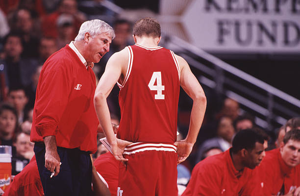Head coach Bobby Knight of the Indiana Hoosiers yells at one of his players during a Hoosiers game in the Big 10 Tournament at the United Center in...