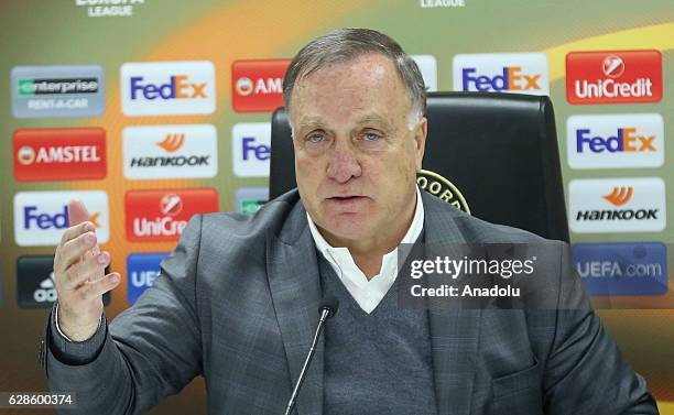 Head Coach of Fenerbahce Dick Advocaat holds a press conference after the UEFA Europa League Group A match between Feyenoord and Fenerbahce in...