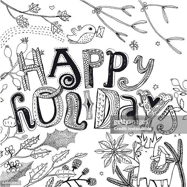 ilustraciones, imágenes clip art, dibujos animados e iconos de stock de diseño de happy holidays con acebo, petirrojo, papá noel y renos - letra a con flores vector a