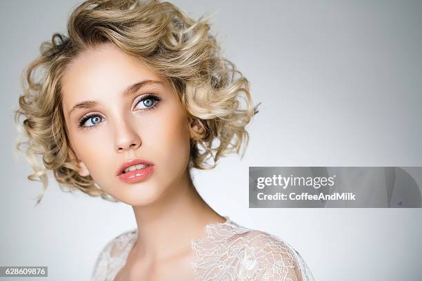 beautiful woman with stylish hairstyle - white blonde hair stock pictures, royalty-free photos & images