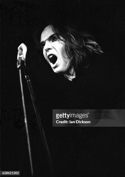 Peter Gabriel of Genesis performing on stage at City Hall, Newcastle upon Tyne, 22 February 1973.